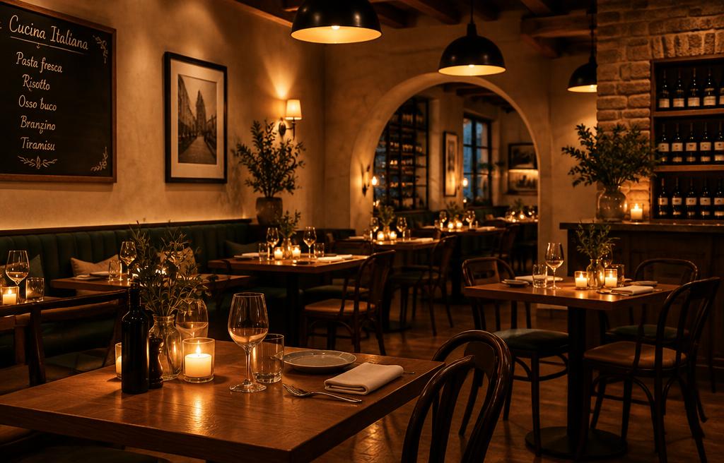 Warmly lit Italian restaurant dining room