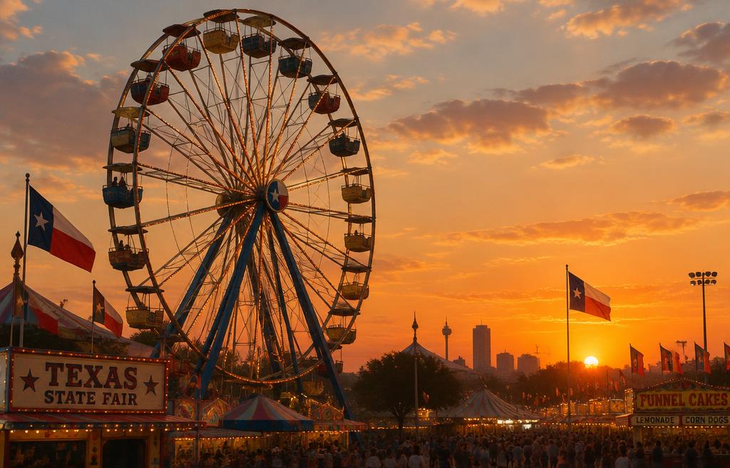 Texas State Fair ferris wheel at sunset